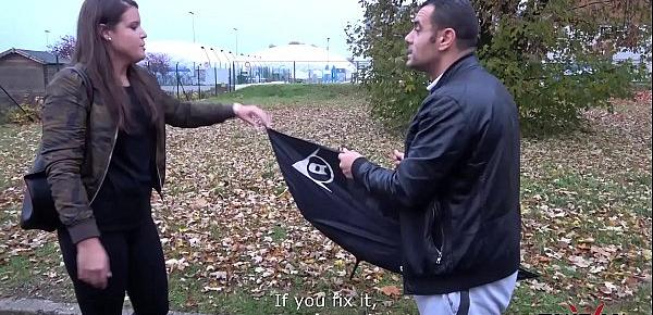  Broken umbrella help stranger to convince babe to fuck in van